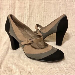 Black Grey Tan Buckle Heels Suede